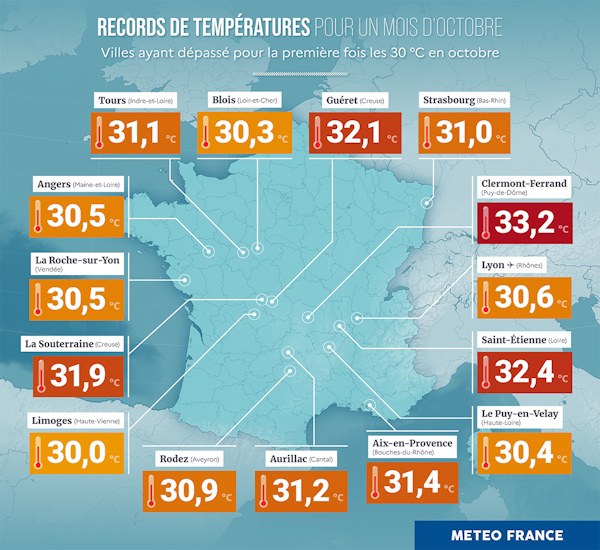 Villes ayant dépassé pour la première fois les 30 °C en octobre. © Météo-France