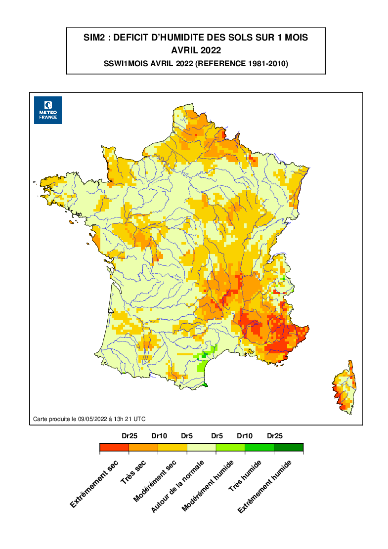Déficit d'humidité des sols au mois d'avril 2022. © Météo-France.