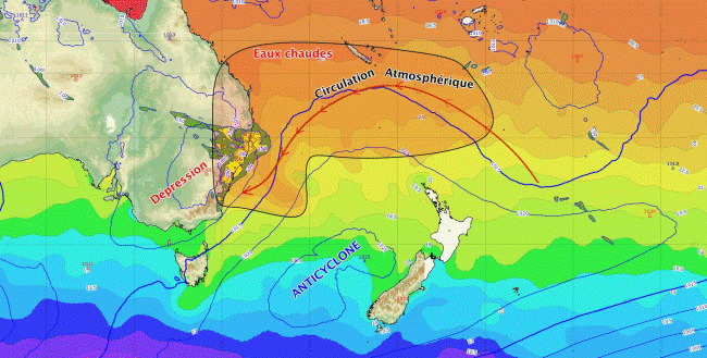 Situation analysée par les modèles au mardi 23 mars à 00 h TU : pression mer (CEP), température de surface de la mer (GFS), et précipitations sur les dernières 72 heures (seuillées à 100 mm, CEP). © Météo-France.
