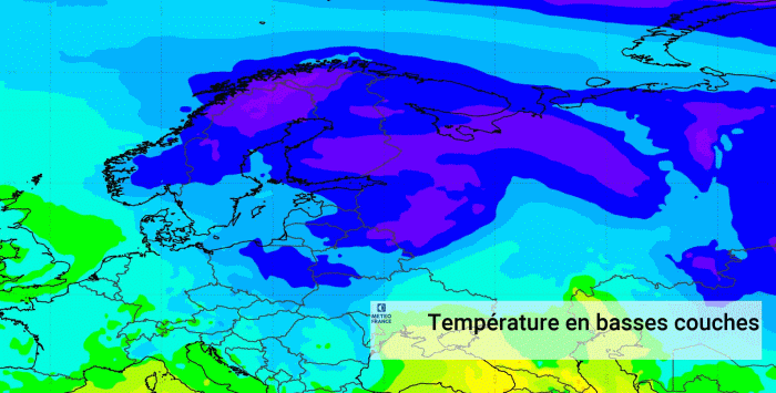 Températures en basse couche de l'atmosphère sur le nord de l'Europe. Plus le bleu est foncé puis mauve, plus il fait froid. © Météo-France.