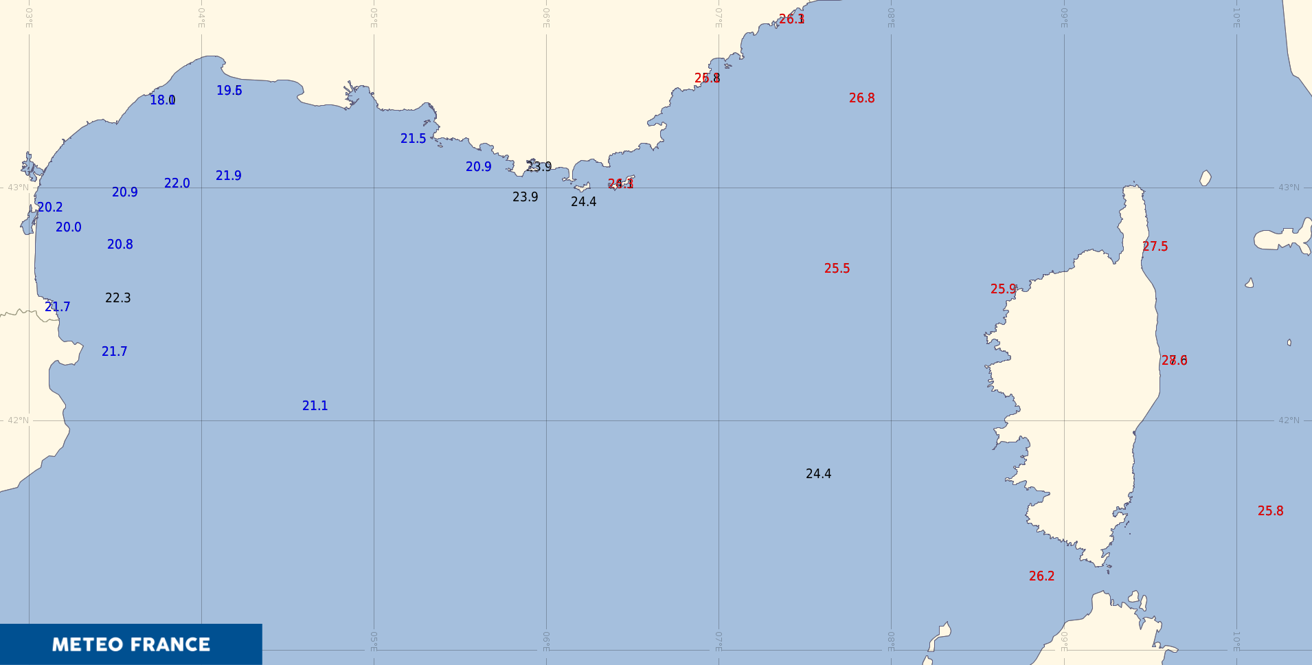 Températures de l'eau relevées le mardi 23 juillet en matinée (bouées et bateaux, en bleu en dessous de 22 °C, en rouge au dessus de 25 °C) @Météo France