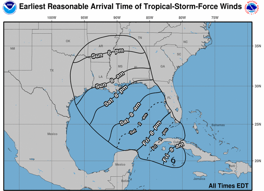 Ida : trajectoire et impact en terme de vent prévus. © NOAA/National Hurricane Center