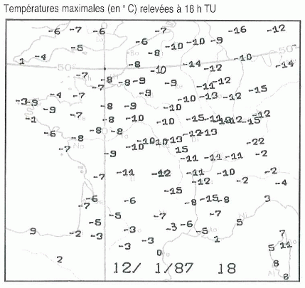 Températures maximales relevées en France (en °C) le 12 janvier 1987. © Météo-France.