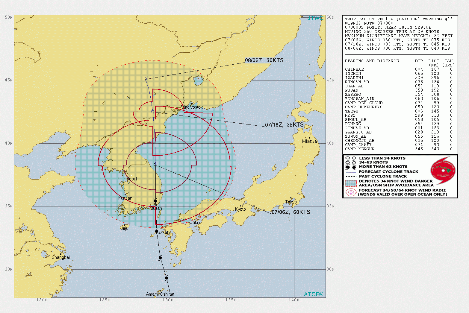 Trajectoire observée et prévue du typhon Haishen par le JTWC. 