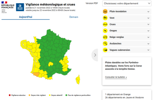Carte de Vigilance météorologique pour le jour même. © Météo-France
