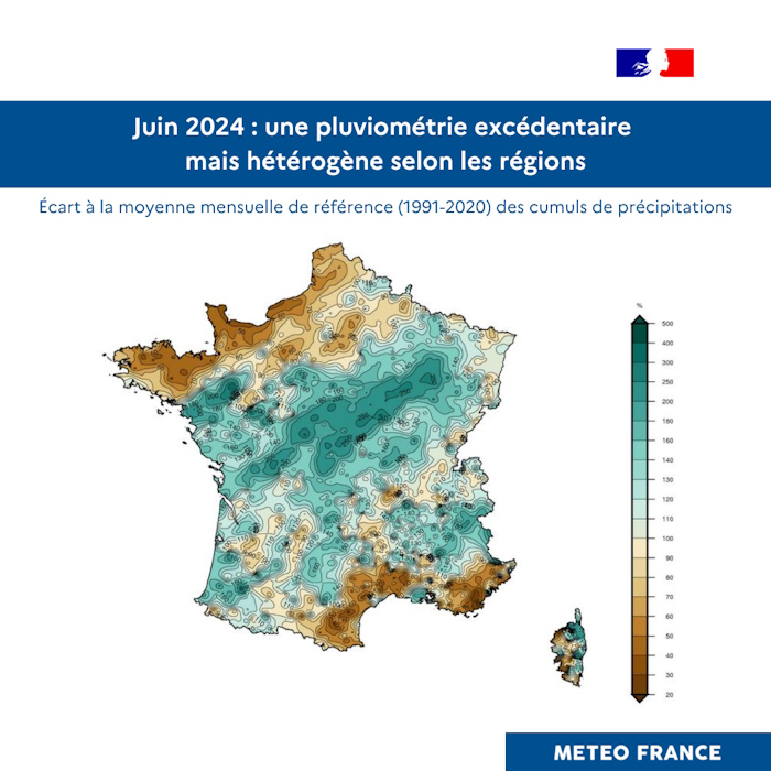 Ecart à la moyenne mesuelle de référence (1991-2020) des cumuls de précipitations en France pour juin 2024 © Météo-France