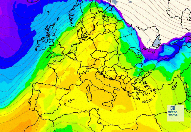 Géopotentiel à 500 hectopascals (isolignes) et altitude de l’iso-zéro simulés ce mercredi 24/02/2021 à 13 h (en couleurs jaune/orange/rouge, supérieure à 3 000 mètres, en blanc, iso-zéro au niveau du sol). © Modèle du Centre européen pour les prévisions météorologiques à moyen terme, développé en partenariat avec Météo-France.
