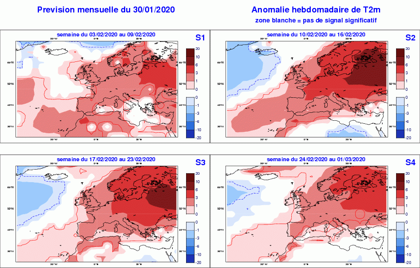 Anomalies de température prévue pour les 4 prochaines semaines par le modèle EPS (réseau du jeudi 20 janvier 2020). © Modèle du Centre européen pour les prévisions météorologiques à moyen terme, développé en partenariat avec Météo-France.