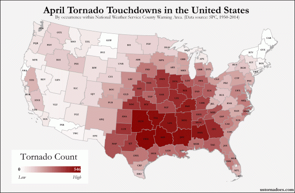 Nombre de tornades qui touchent en moyenne les zones d'alerte par comté du National Weather Service - © ustornadoes.com