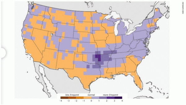 lndice de fréquence des tornades lors d’un épisode La Niña. Les valeurs positives, représentées en violet, correspondent à un risque de tornade plus fort que la normale.