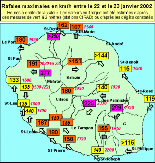 Rafales maximales de vent entre le 22 et le 23 janvier 2022. © Météo-France.