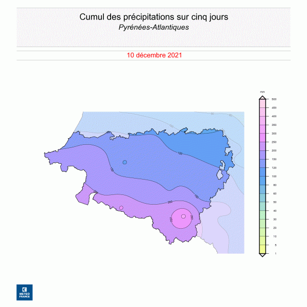 Cumul de précipitations relevés en 5 jours au 10 décembre 2021 sur les Pyrénées-Atlantiques. © Météo-France.