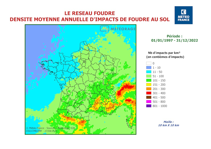 Nombre moyen de jours d'orage par an (1997-2022). © Météorage