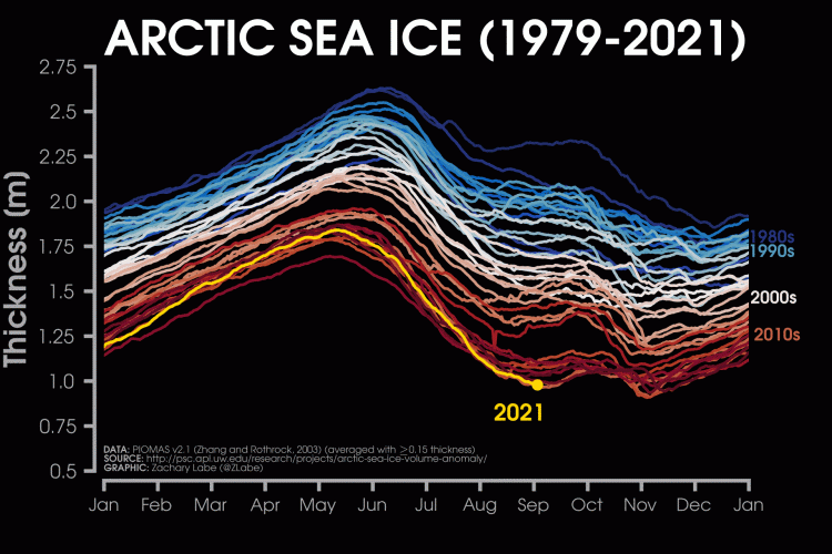 Figure 2 – Épaisseur moyenne de la banquise arctique depuis 1979. L’étendue de la banquise ne dit pas tout de la situation en Arctique. Données PIOMAS, jusqu’à août 2021. © Zachary Labe.