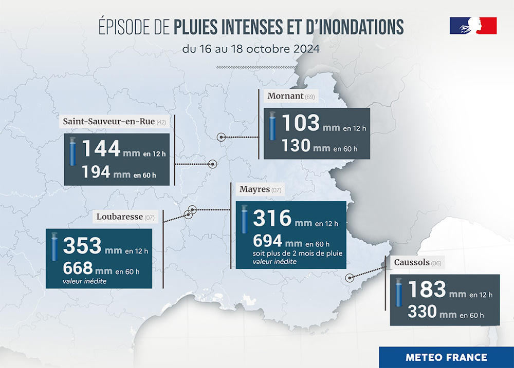 Quelques cumuls de pluie remarquables sur l'épisode du 16 au 18 octobre 2024 © Météo-France