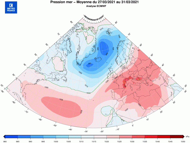 Pression réduite au niveau de la mer - Moyenne du 27 au 31 mars 2021 sur l'Europe - © Modèle du Centre européen pour les prévisions météorologiques à moyen terme, développé en partenariat avec Météo-France