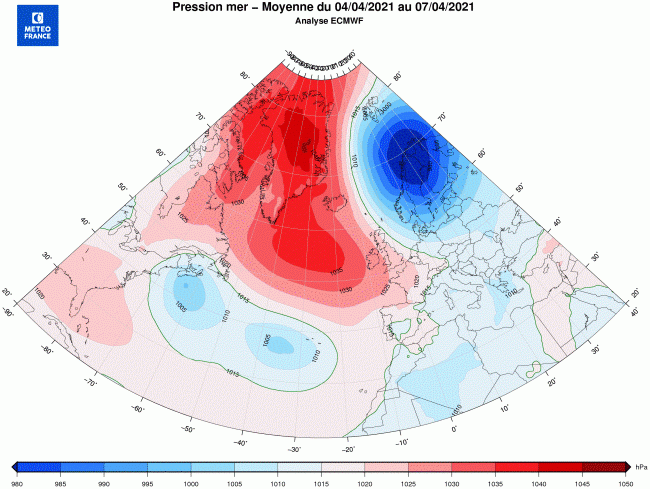 Pression réduite au niveau de la mer - Moyenne du 4 au 7 avril 2021 sur l'Europe - © Modèle du Centre européen pour les prévisions météorologiques à moyen terme, développé en partenariat avec Météo-France