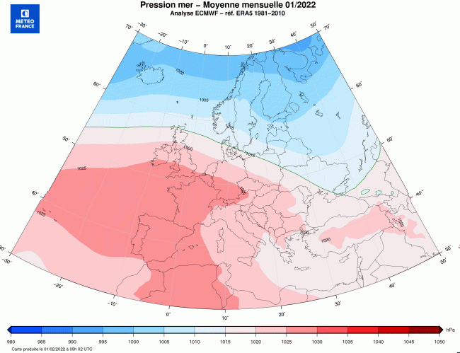 Pression réduite au niveau de la mer - moyenne mensuelle de janvier 2022. © Météo-France.
