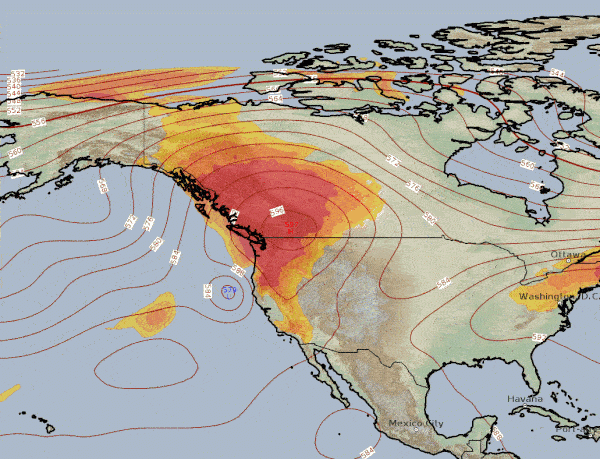 Moyenne de l’ensemble du modèle du CEP, ainsi que l’indice EFI (Extreme Forecast Index) en température à 2 m. En rouge, des valeurs supérieures à 0,8, définissant des niveaux anormalement élevés de températures à 2 m. En réalité, les températures maximales à 2 m prévues dépassent par endroit les records absolus. © Modèle du CEP - ECMWF.