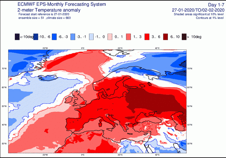 Animation des anomalies hebdomadaires de température sur l'Europe, du 27 janvier au 23 février 2020. © Modèle du Centre européen pour les prévisions météorologiques à moyen terme, développé en partenariat avec Météo-France.