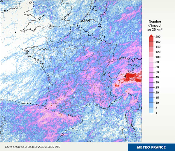 Densité d'impact de foudre au sol été 2023. © Météo-France
