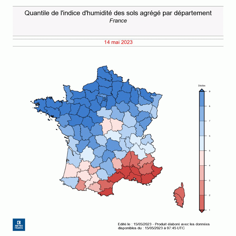 Quantile de l'indice de l'humidité des sols par département au 14 mai 2023