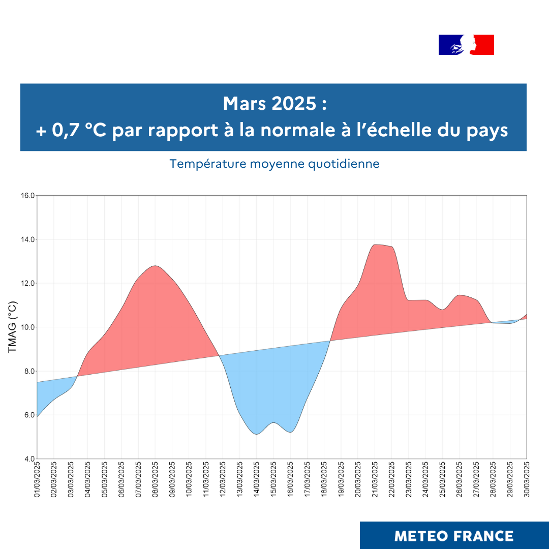 Températures moyennes quotidiennes en mars 2025 © Météo-France