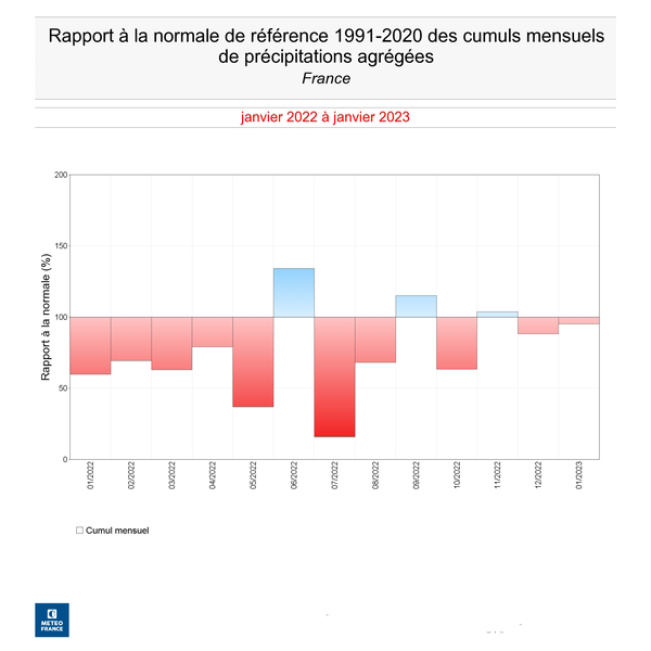 Rapport à la normale es cumuls mensuels de précipitations. © Météo-France