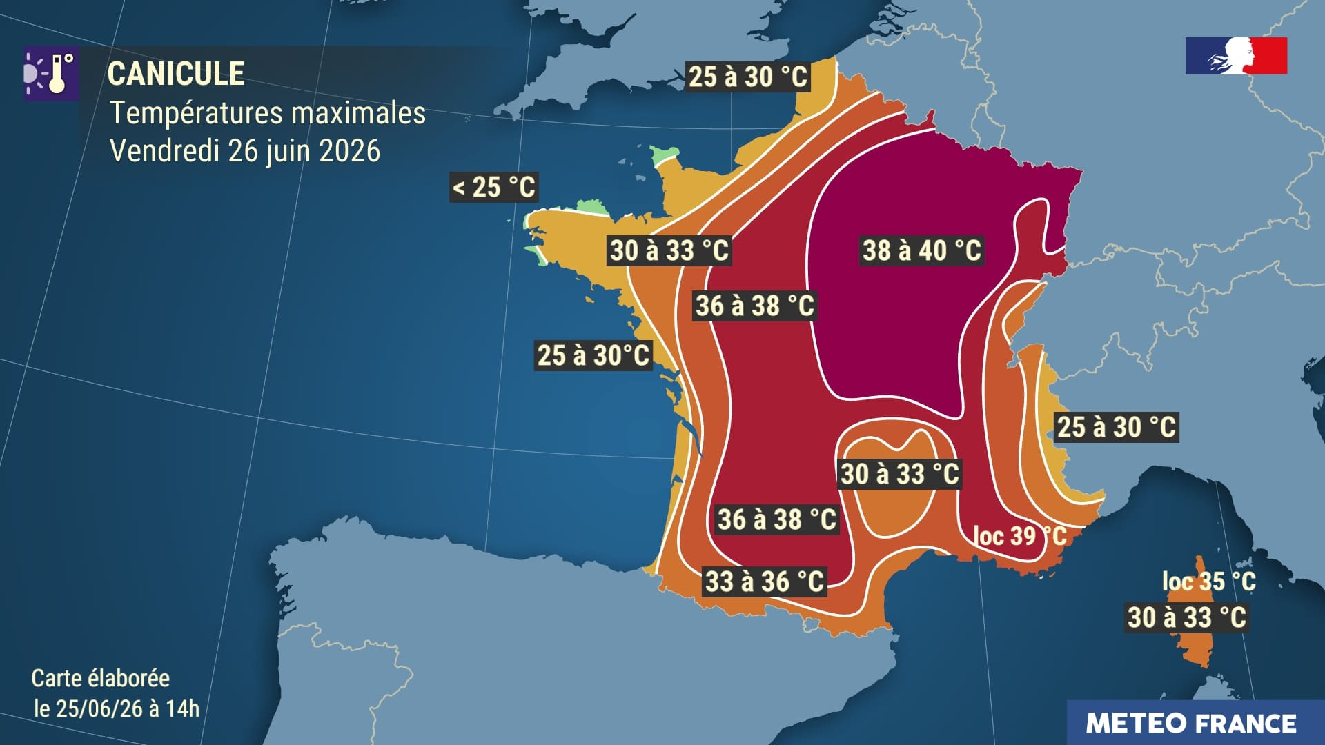 Températures maximales prévues le vendredi 26 juin 2026. © Météo-France
