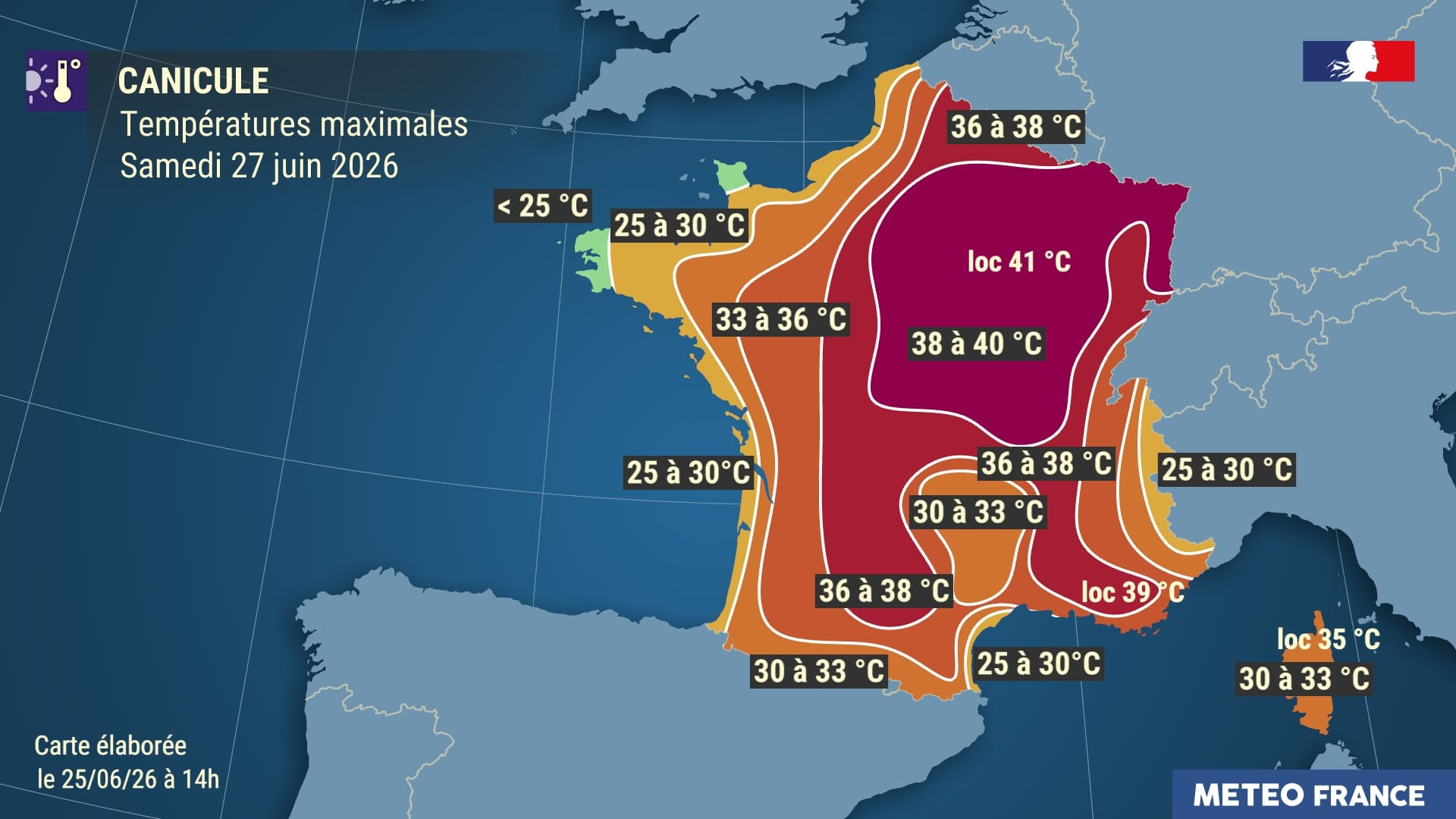 Températures maximales prévues le samedi 27 juin 2026. © Météo-France