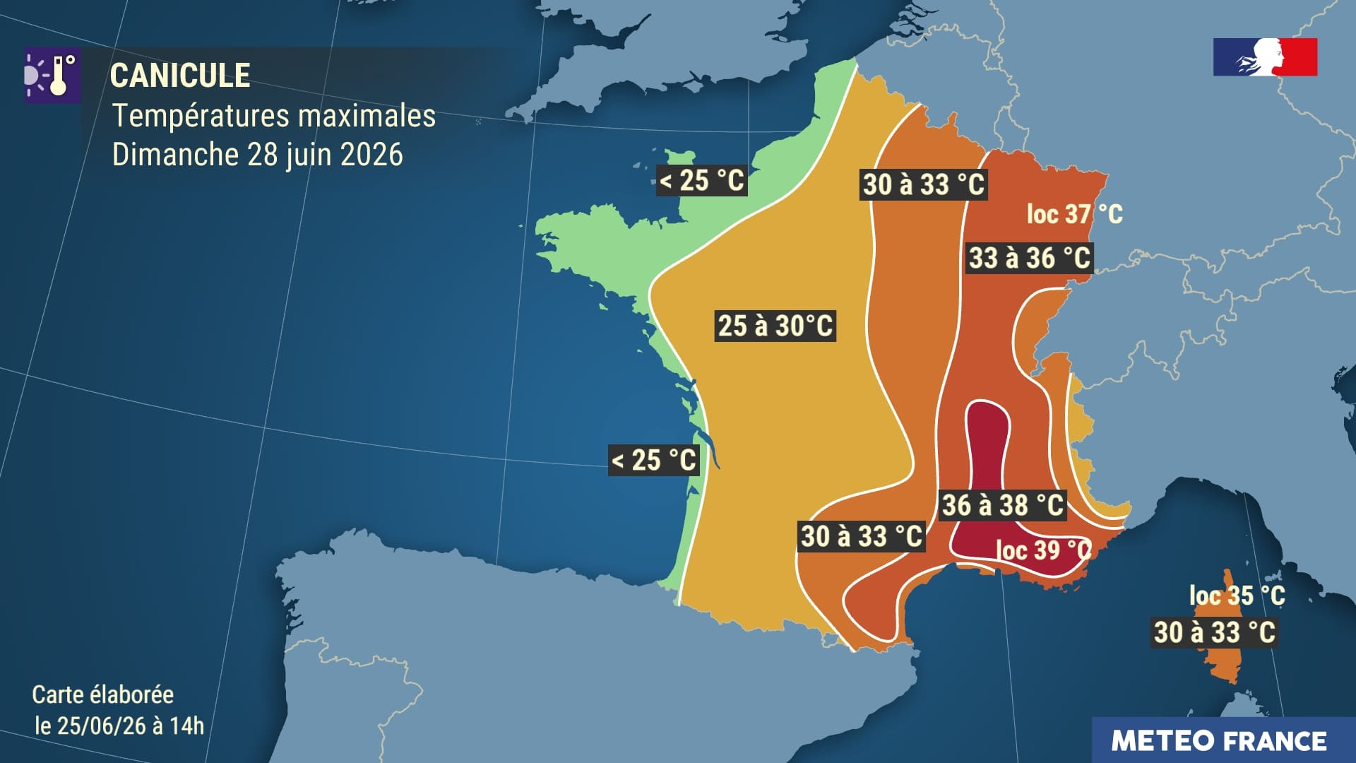 Températures maximales prévues le dimanche 28 juin 2026. © Météo-France