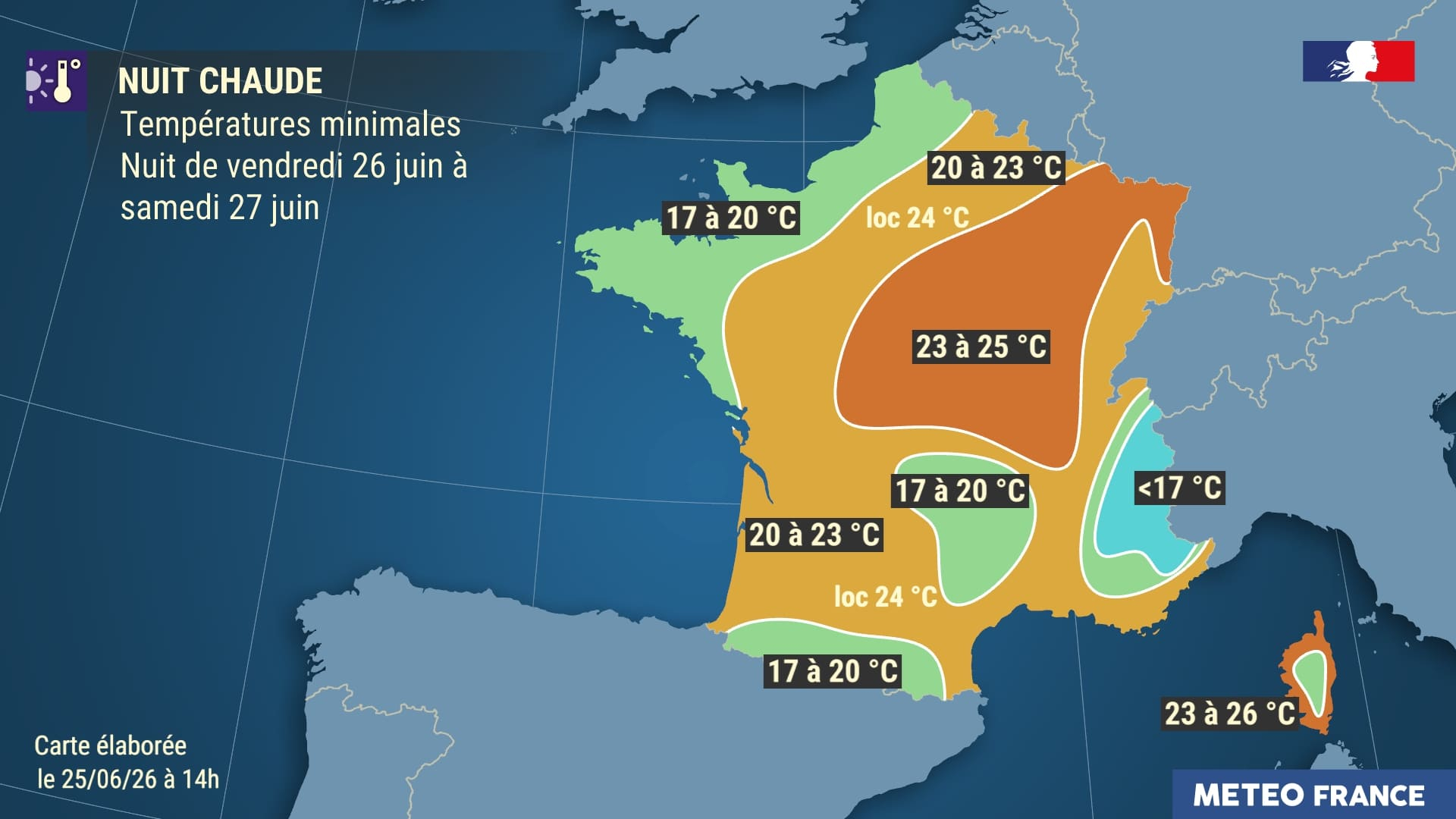 Températures minimales prévues la nuit du 26 au 27 juin 2026. © Météo-France