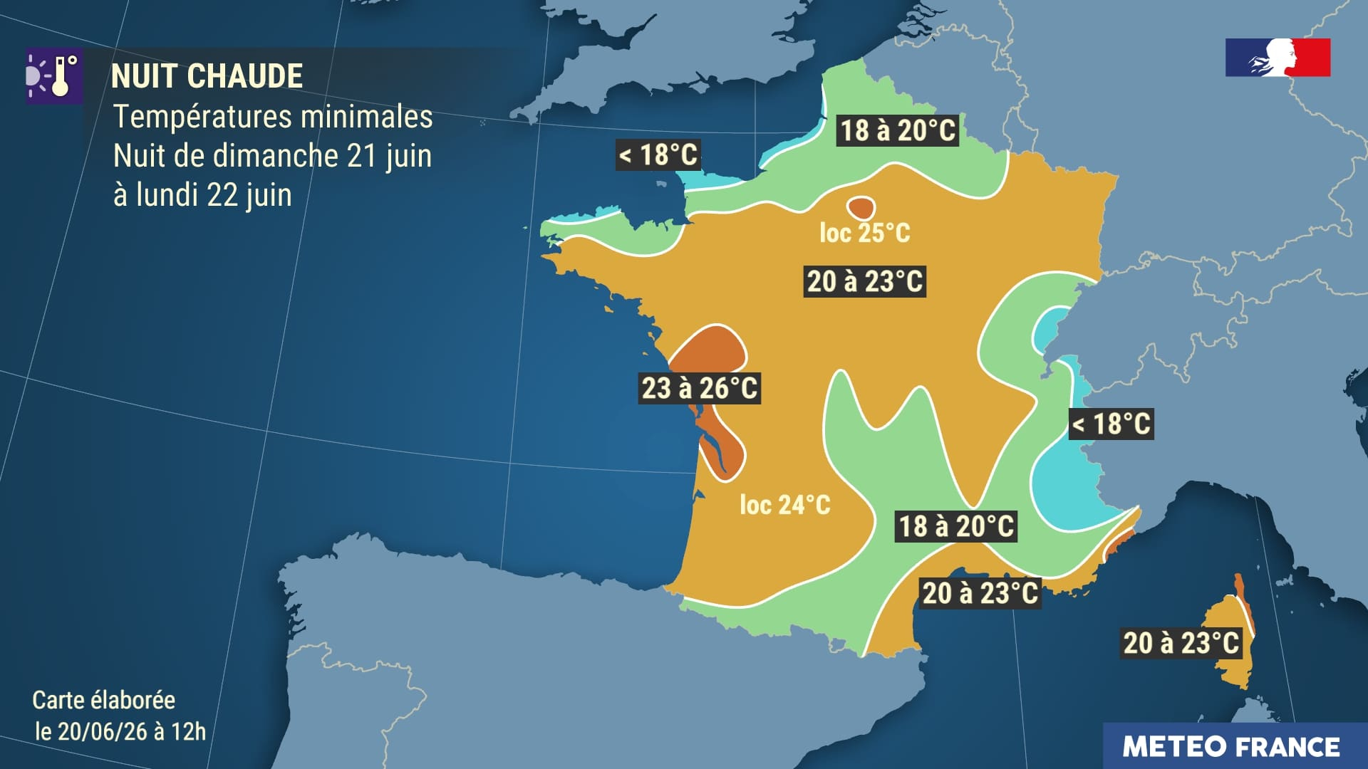 Températures minimales prévues la nuit du dimanche 21 au lundi 22 juin 2026. © Météo-France