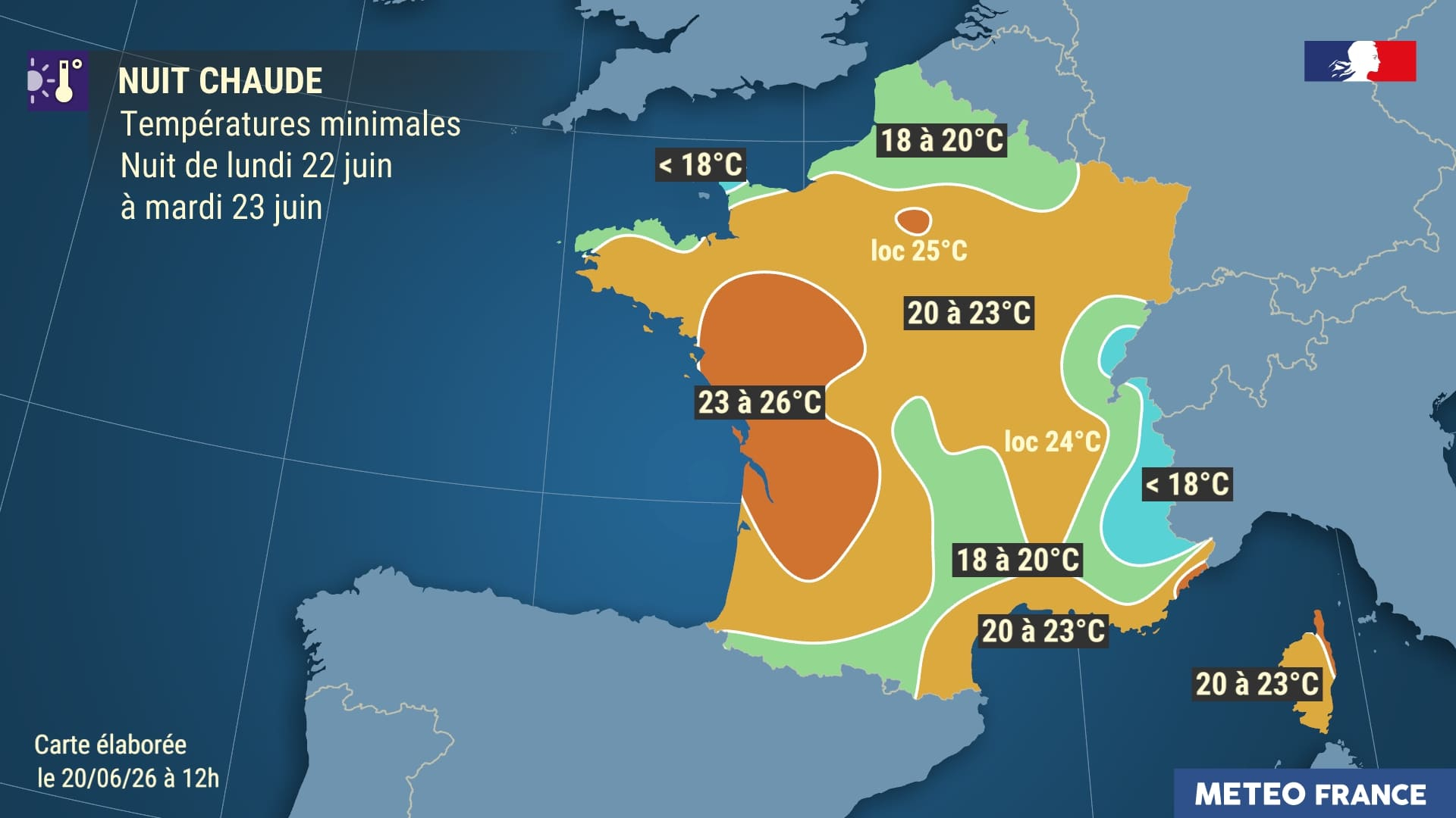 Températures minimales prévues la nuit du lundi 22 au mardi 23 juin 2026. © Météo-France