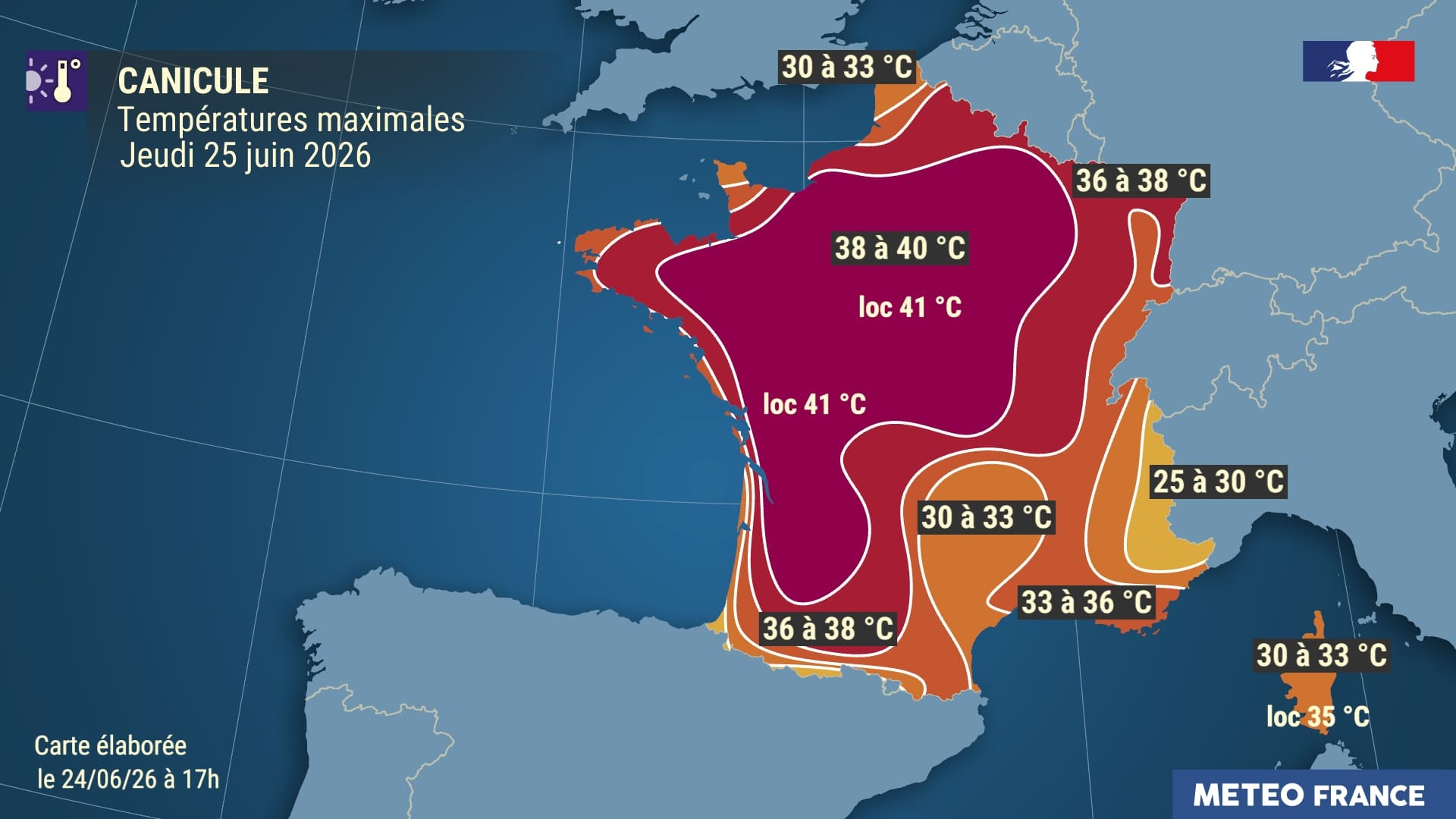 Temp&eacute;ratures maximales pr&eacute;vues le jeudi 25 juin 2026. &copy; M&eacute;t&eacute;o-France