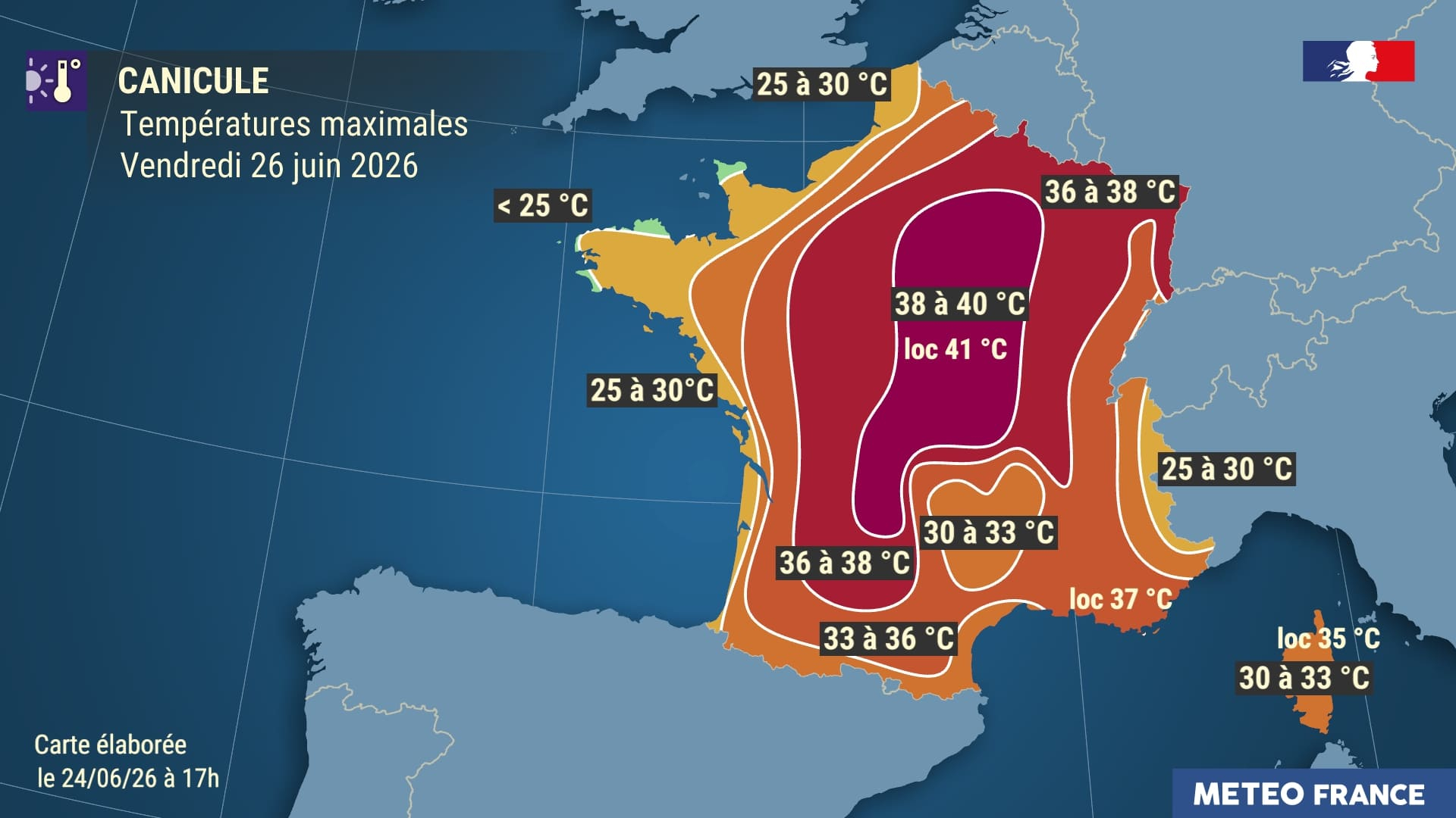 Temp&eacute;ratures maximales pr&eacute;vues le vendredi 26 juin 2026. &copy; M&eacute;t&eacute;o-France