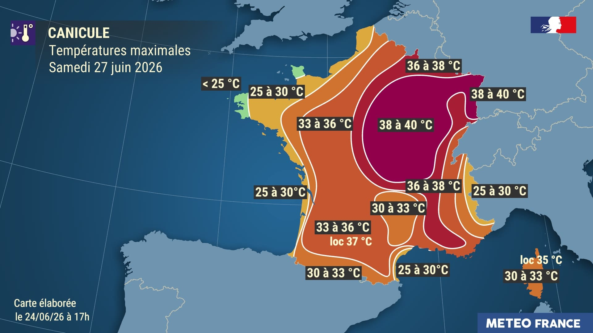 Temp&eacute;ratures maximales pr&eacute;vues le samedi 27 juin 2026. &copy; M&eacute;t&eacute;o-France
