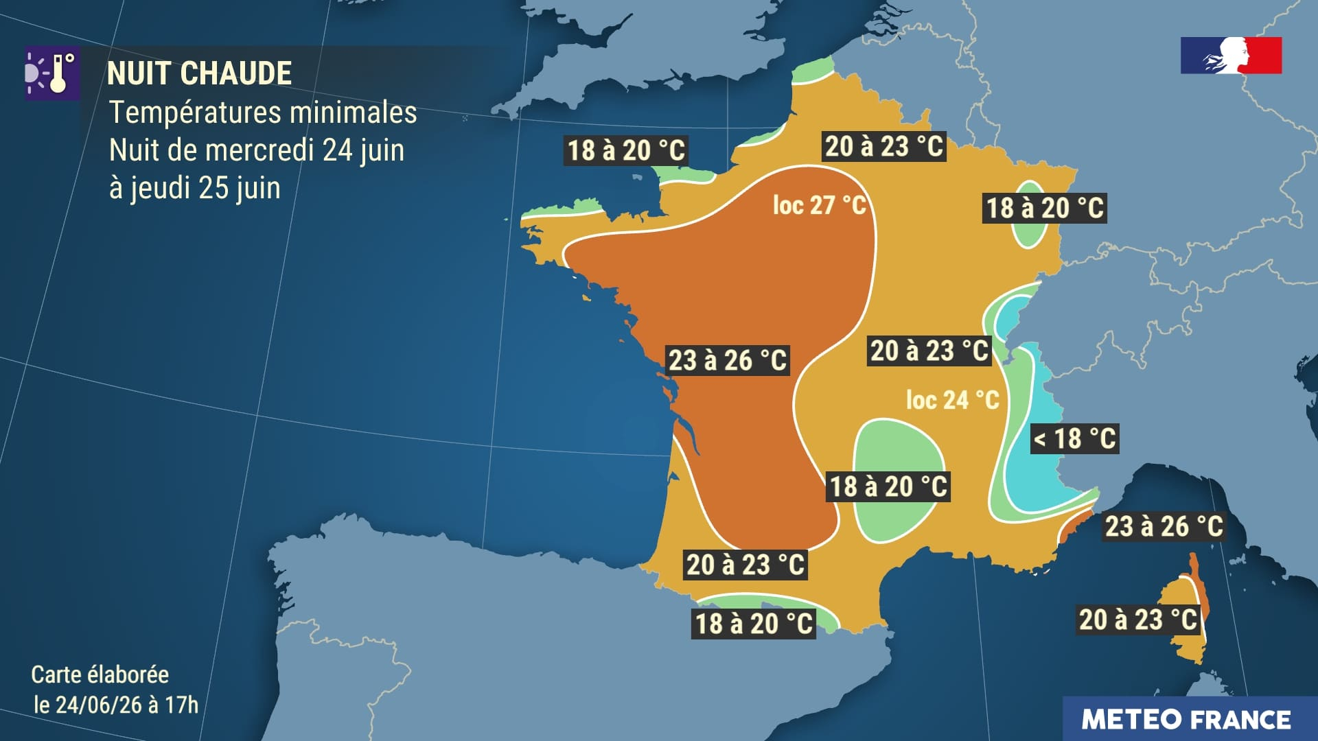Temp&eacute;ratures minimales pr&eacute;vues la nuit du 24 au 25 juin 2026. &copy; M&eacute;t&eacute;o-France