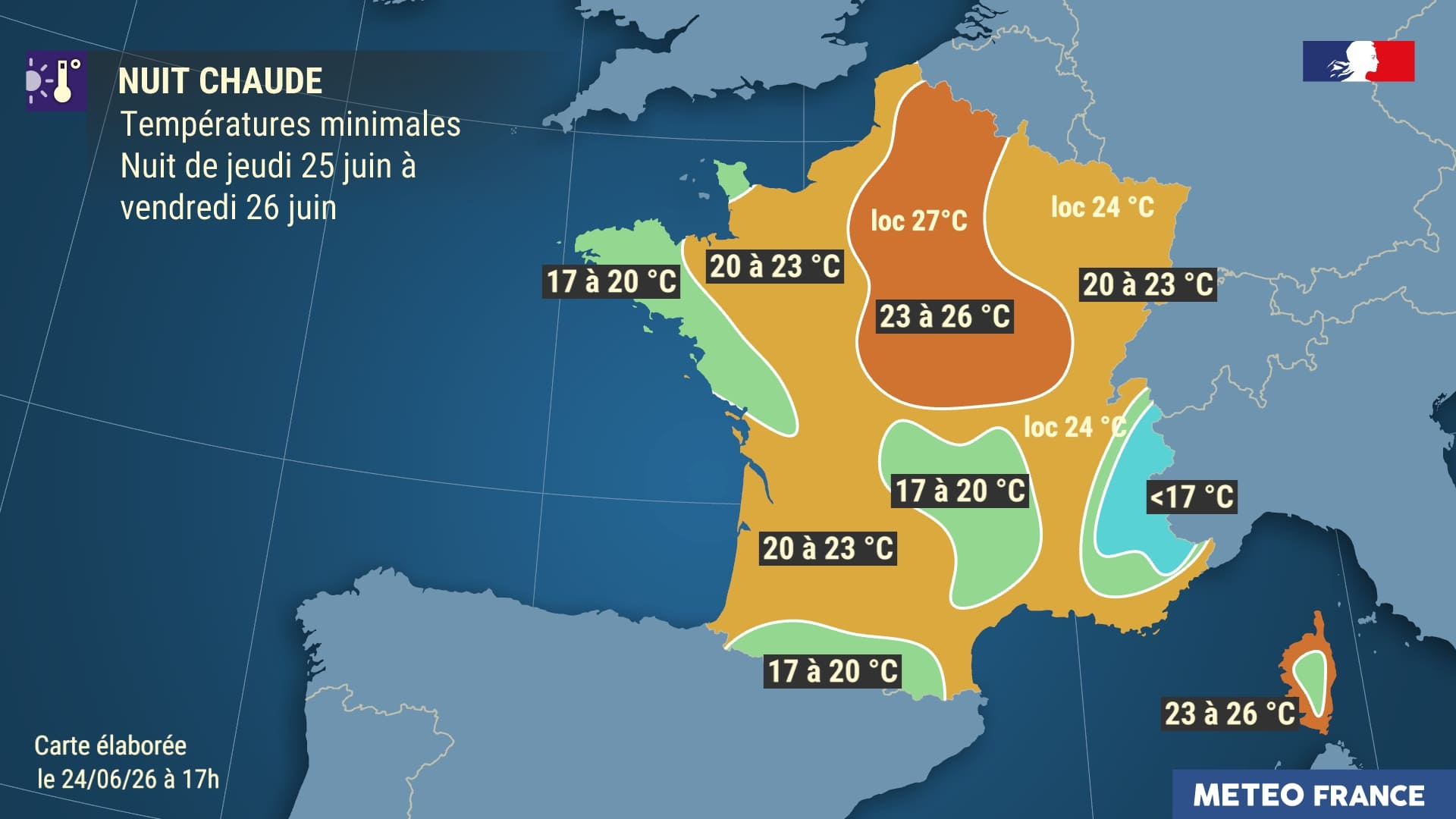 Temp&eacute;ratures minimales pr&eacute;vues la nuit du 25 au 26 juin 2026. &copy; M&eacute;t&eacute;o-France
