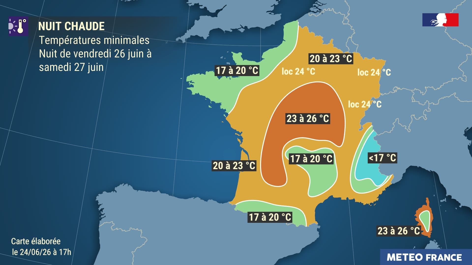 Temp&eacute;ratures minimales pr&eacute;vues la nuit du 26 au 27 juin 2026. &copy; M&eacute;t&eacute;o-France