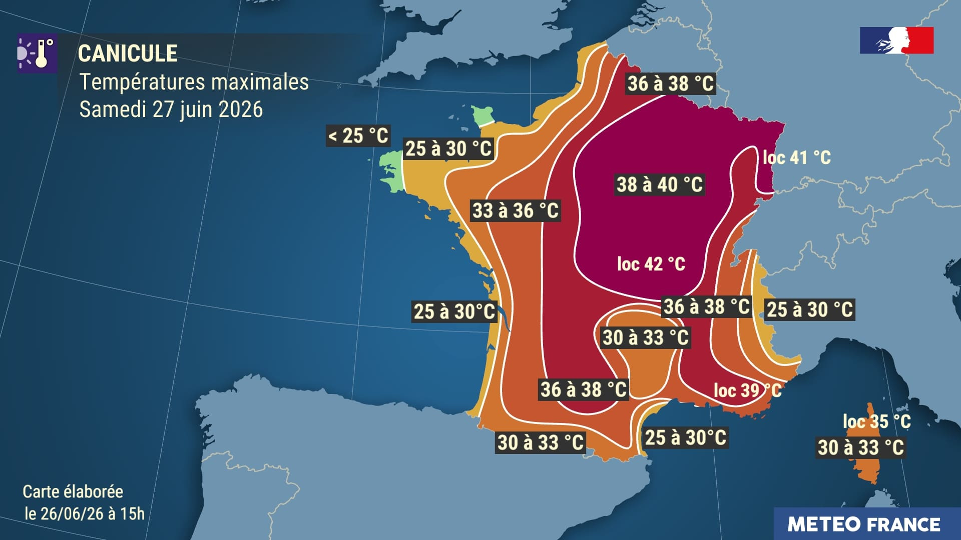 Temp&eacute;ratures maximales pr&eacute;vues le samedi 27 juin 2026. &copy; M&eacute;t&eacute;o-France