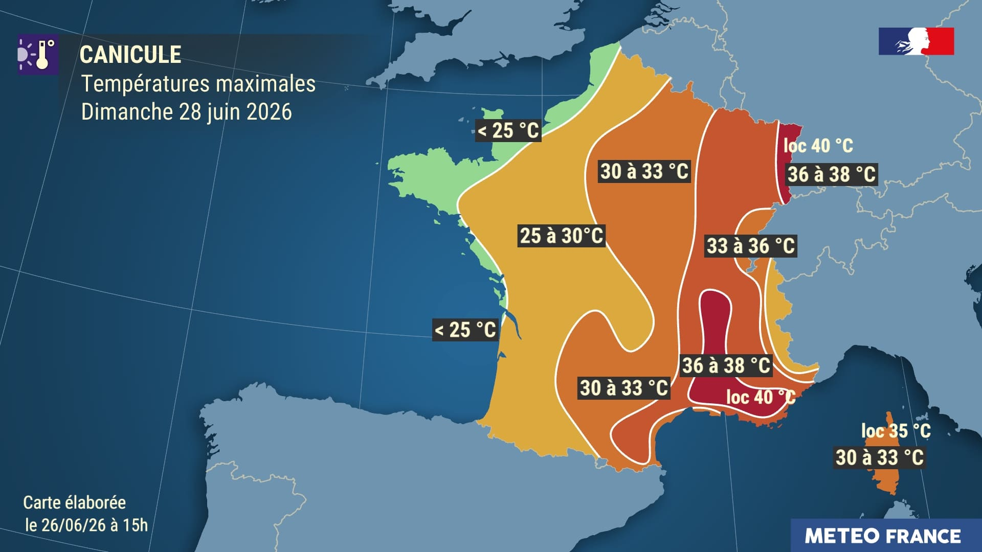 Temp&eacute;ratures maximales pr&eacute;vues le dimanche 28 juin 2026. &copy; M&eacute;t&eacute;o-France