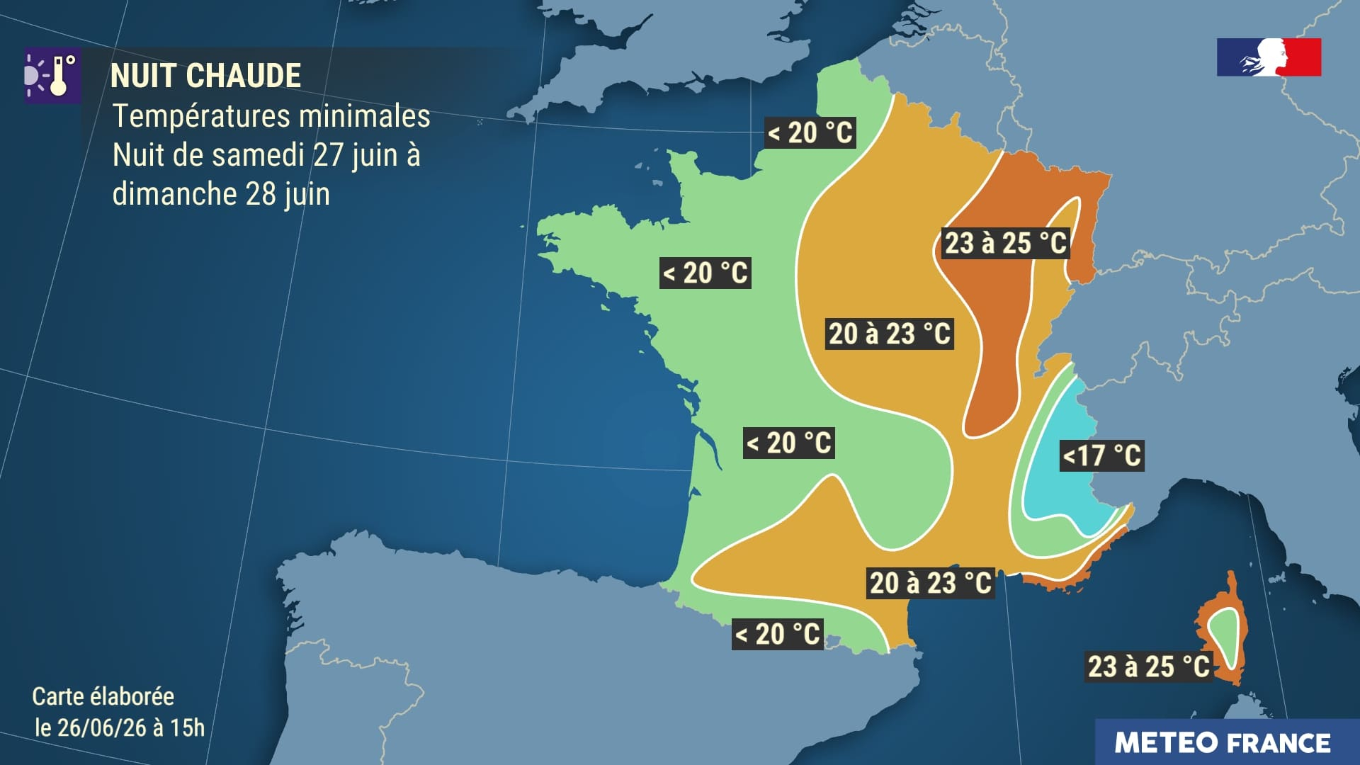 Temp&eacute;ratures minimales pr&eacute;vues la nuit du 27 au 28 juin 2026. &copy; M&eacute;t&eacute;o-France