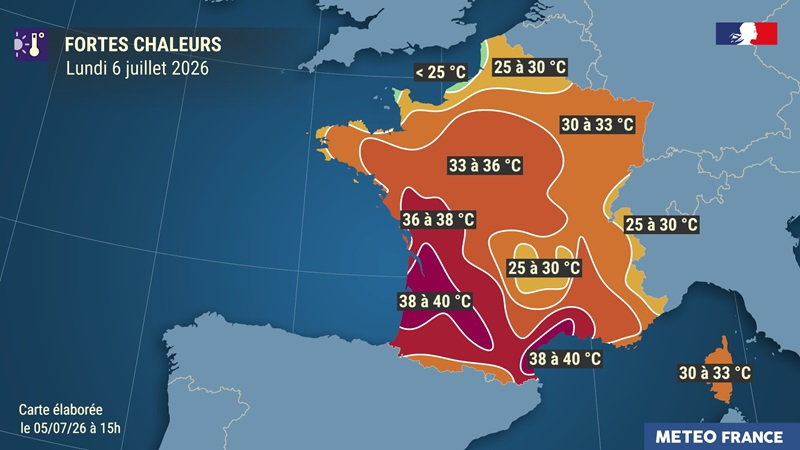 Températures maximales prévues le lundi 6 juillet 2026. © Météo-France