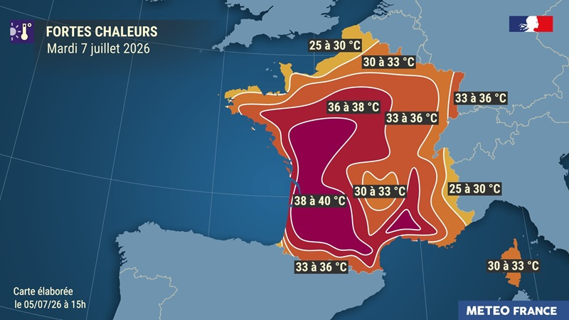 Températures maximales prévues le mardi 7 juillet 2026. © Météo-France
