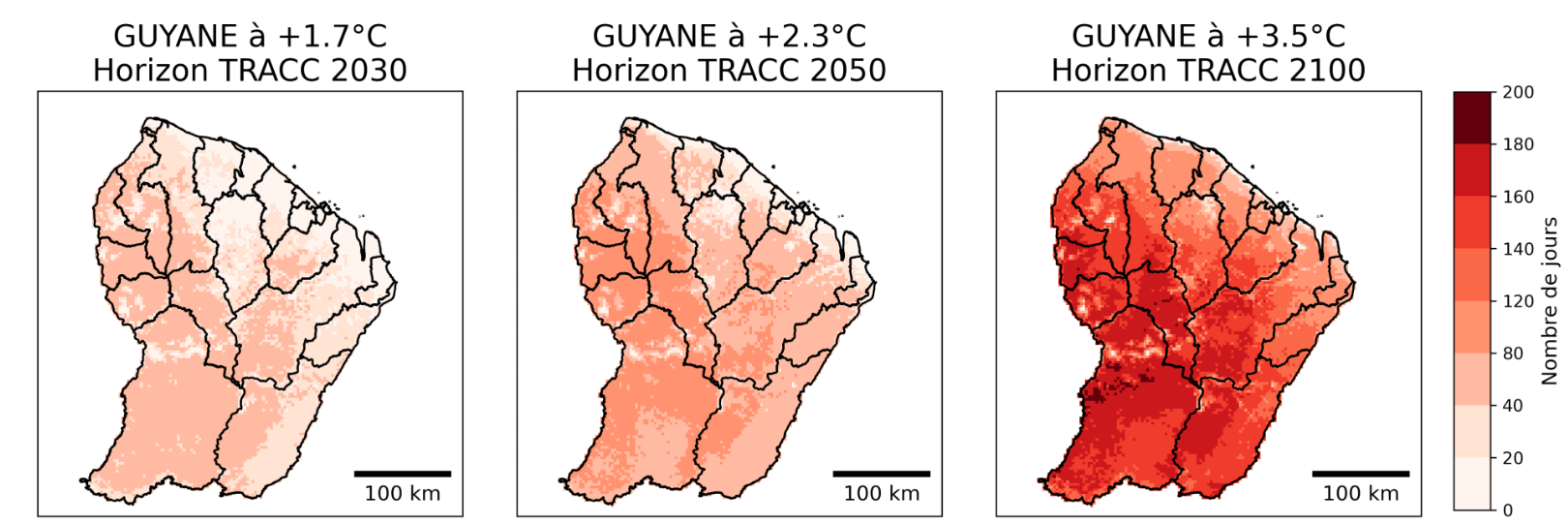 Nombre annuel de jours chauds (températures maximales supérieures ou égales à 35 °C) en Guyane pour les trois niveaux de réchauffement territoriaux associés aux horizons TRACC. © Météo-France