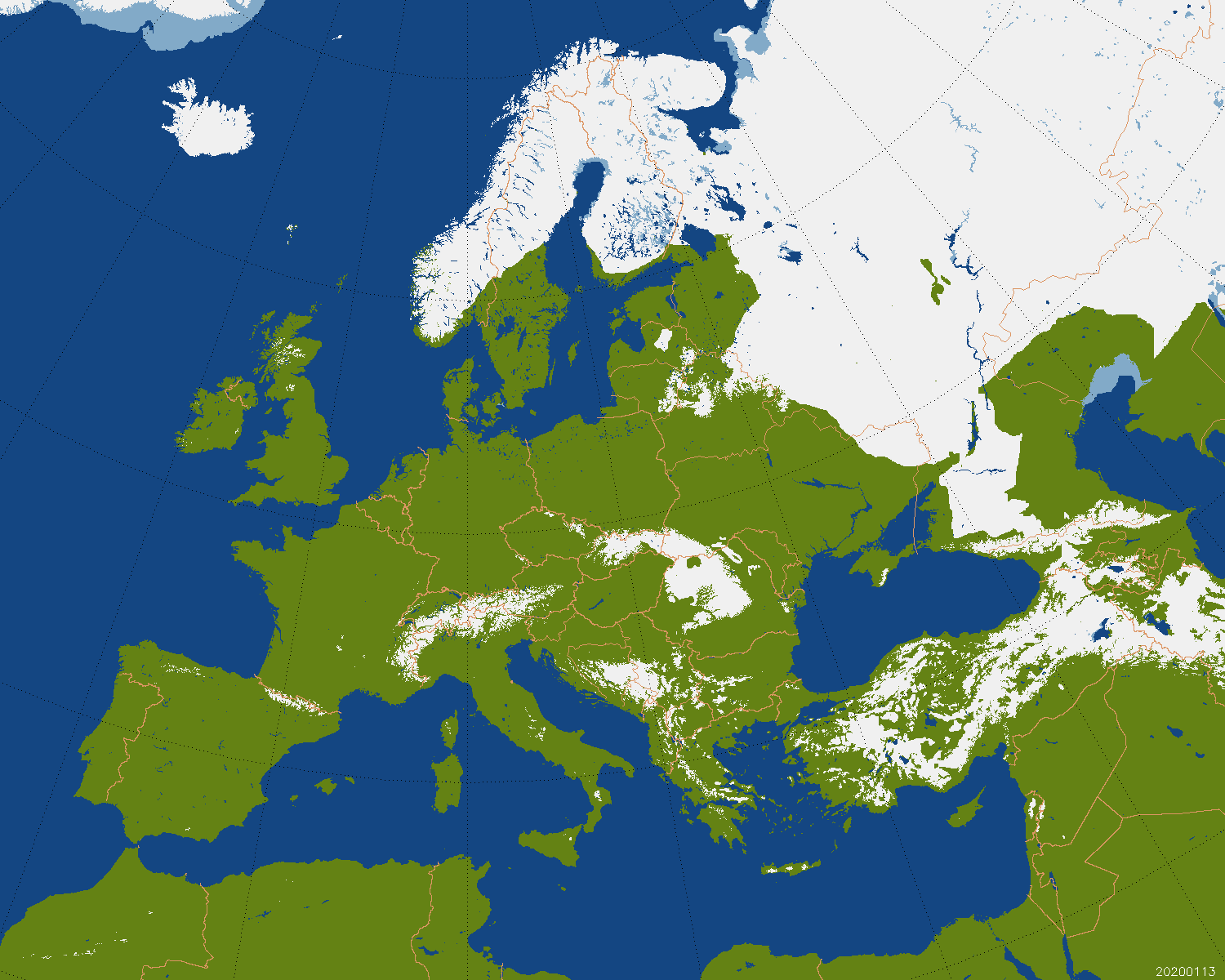 Couverture neigeuse en Europe à la date du 13 janvier 2020. © NOAA.
