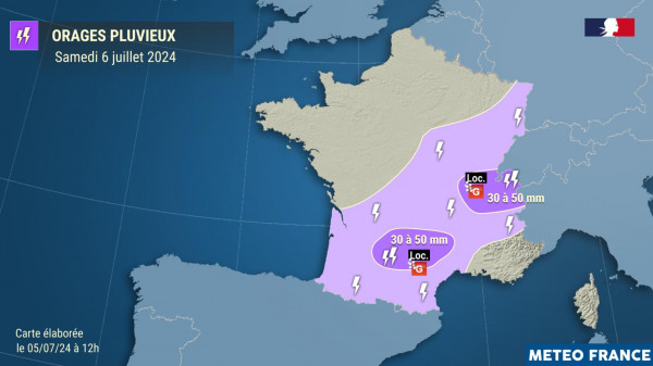 Orages pluvieux prévus le samedi 6 juillet 2024 © Météo-France