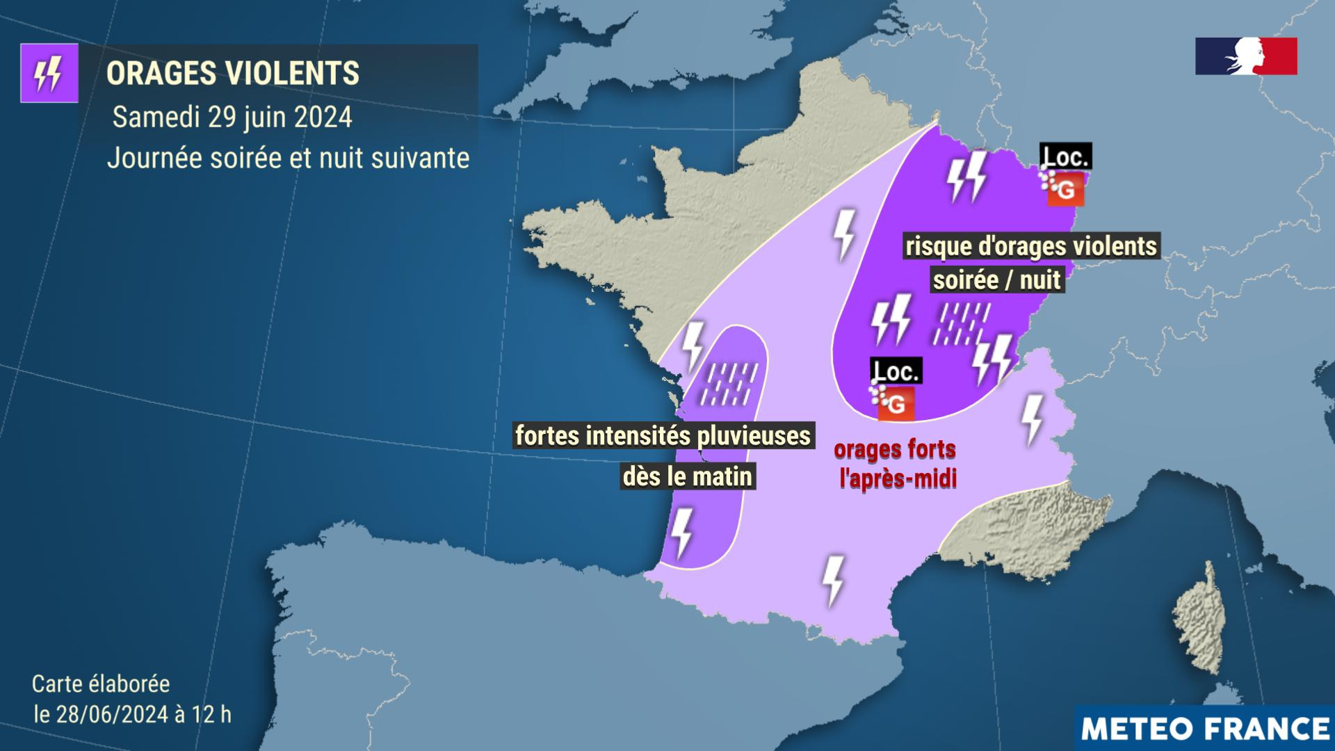 Orages violents samedi 29 juin 2024 en journée, soirée et nuit suivante © Météo-France