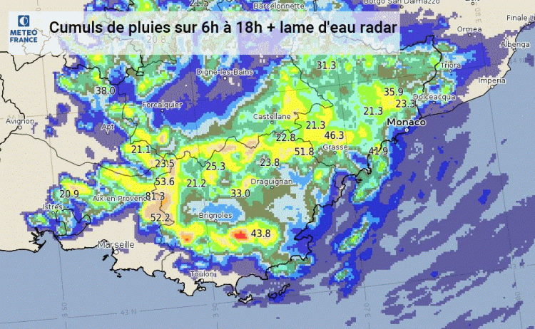 Cumuls de précipitations en 6 heures et image radar de la lame d'eau le mardi 24 août 2021 à 18 h. © Météo-France.